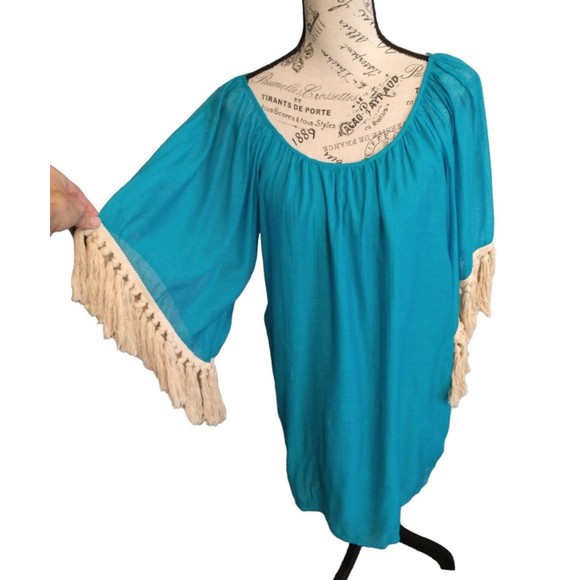 VaVa by Jon han fringed Flared tunic Dress Turquoise Sm Boho Beachy Cottagecore - Picture 1 of 10
